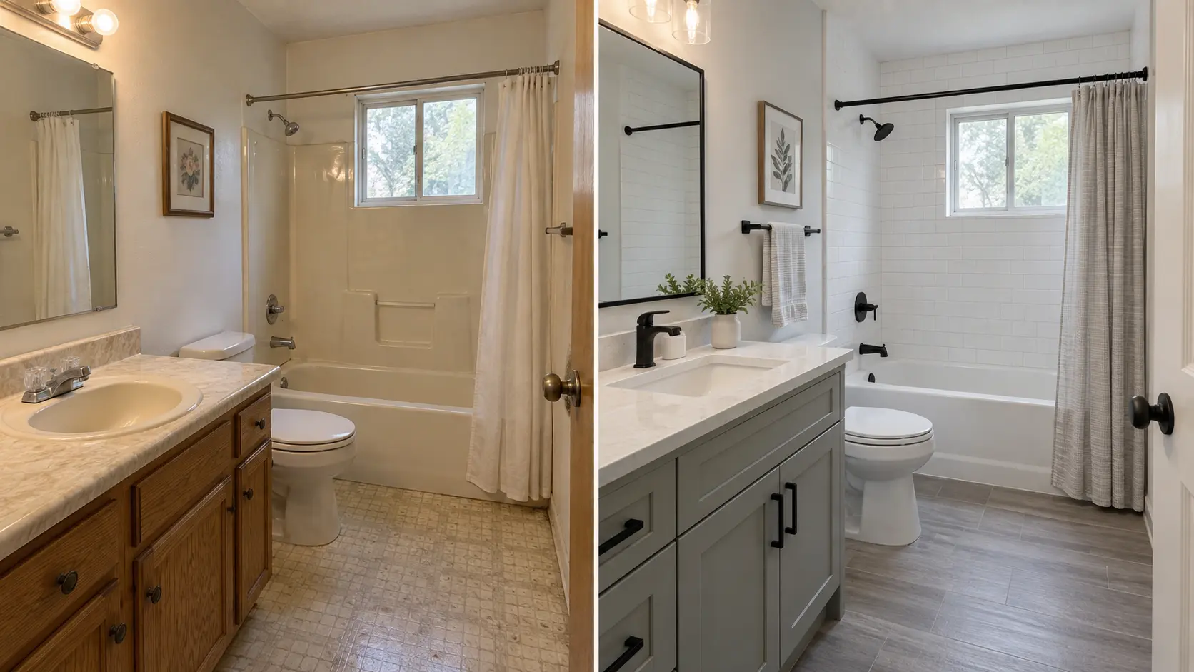 Illustrative side-by-side dated and remodeled bathroom