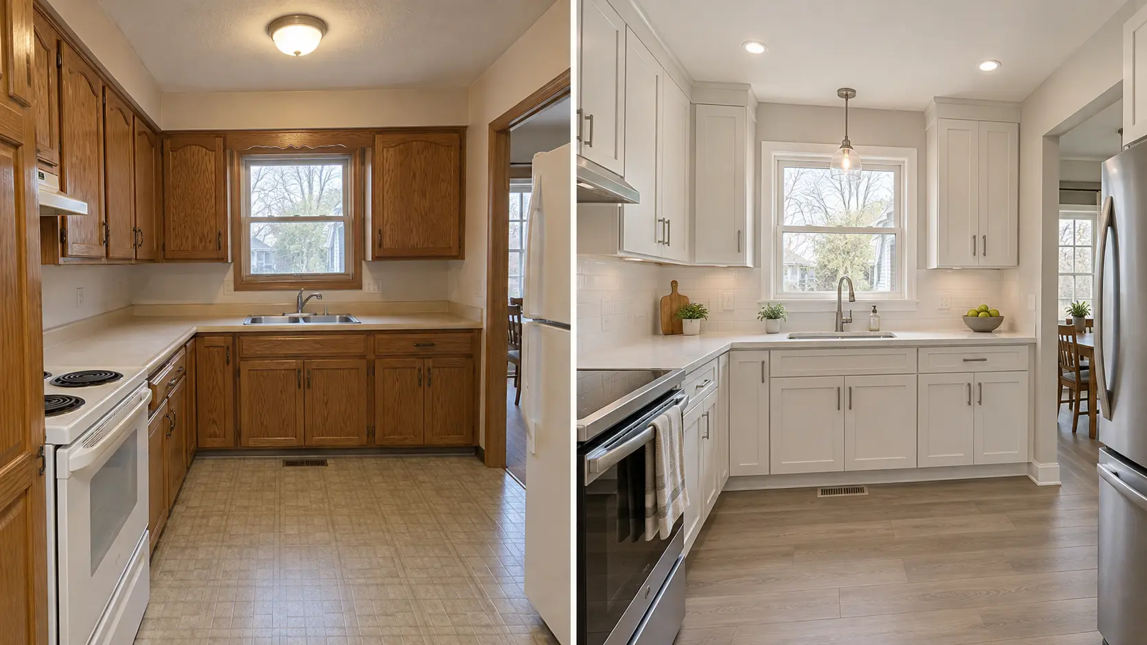 Illustrative before and after kitchen renovation placeholder
