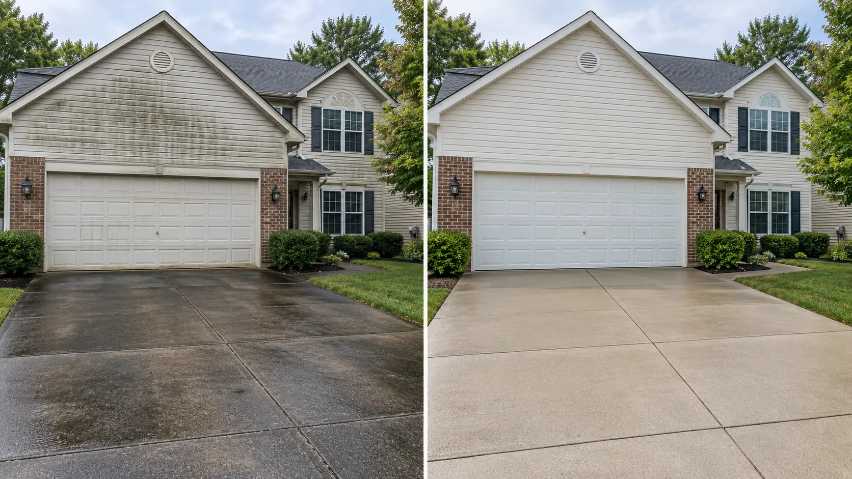 Illustrative side-by-side dirty and pressure-washed driveway and siding